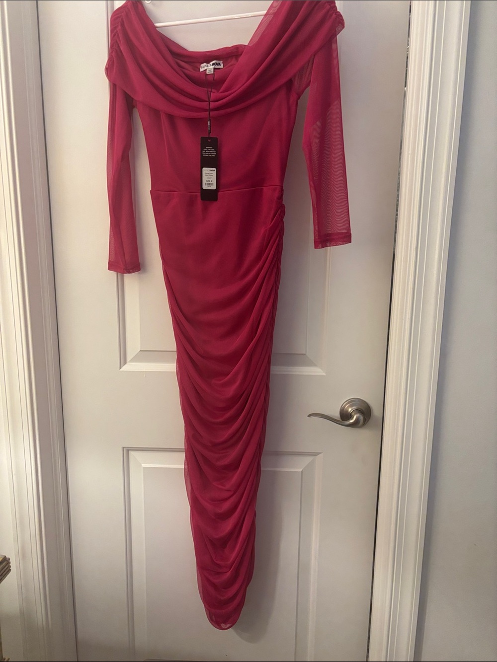 Fashion Nova Magenta Off-Shoulder Ruched Long Sleeve Gown